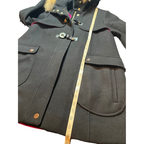 Trina Turk Parka Coat 8 Black Pink Bailey Wool Blend Duffle Coyote Fur Trim Hood - Picture 10 of 16